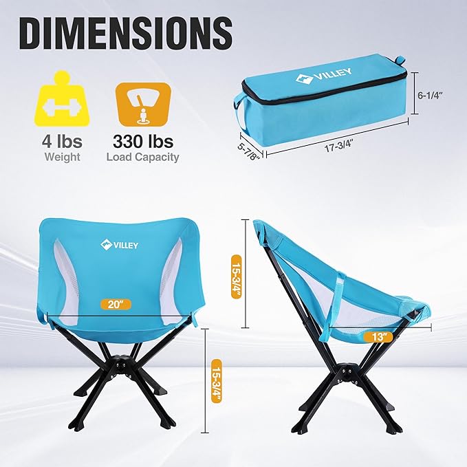 VILLEY Portable Folding Chair Lightweight Camping Chair No Assembly Needed, Quick Setup for Beach, Hiking, Supports 330 LBS, Blue