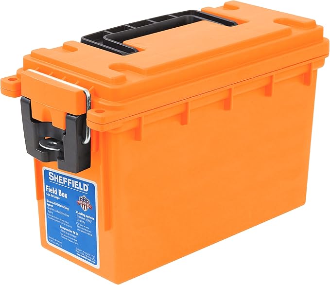Sheffield 12630 Ammo Storage Box, Stackable .30 Cal Field Boxes, Water and Dust Resistant, Lockable Storage Box with Handle, Secures Hunting Gear, Supplies, and Bullets, Made in USA, Orange, 1-Pack