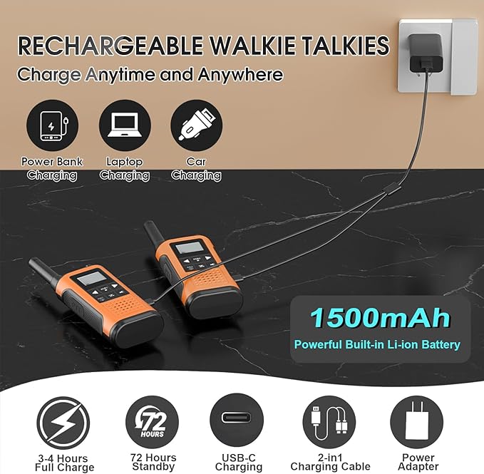 Walkie Talkies Long Range for Adults-2 Pack Rechargeable Walkie Talkies 22 FRS Channels 2-Way Radios with NOAA Weather Alert,VOX,Flashlight and 1500mAh Li-ion Battery for Family Camping Hiking