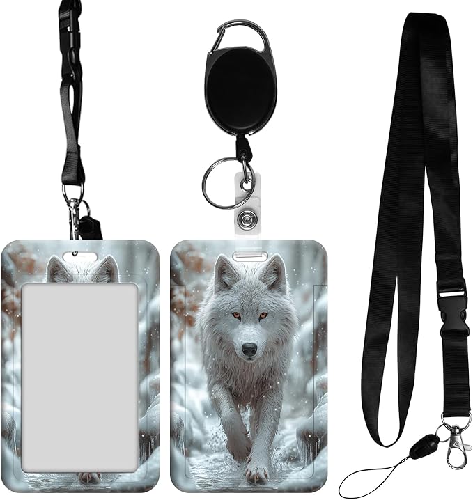 ID Badge Holder with Retractable Lanyard for Women & Men,Vertical ID Card Holder Wallet,Clear Window&Card Slot,Detachable Neck Strap for Nurse Teacher Office,Arctic Wolf Snow