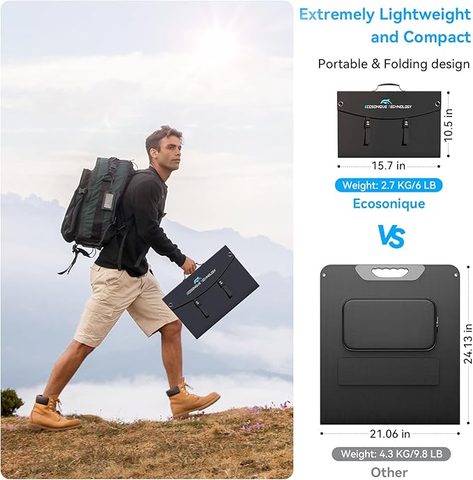 Extremely Lightweight and Compact Foldable Ecosonique 100W Portable Solar Panels Charger for Camping Power Station, Solar Generators, Cell Phones with USB QC3.0, Type-C PD3.0, Anderson and XT60 DC 20V