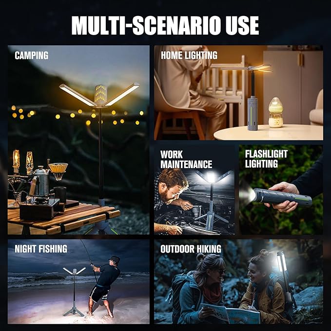 BUBRA Telescopic Camping Lantern with 40" Stand, 8000mAh Rechargeable Work Light, 1000LM Flashlight, IP44 Waterproof Tripod Base, Dimmable LED for Hurricane, Emergency, Repair