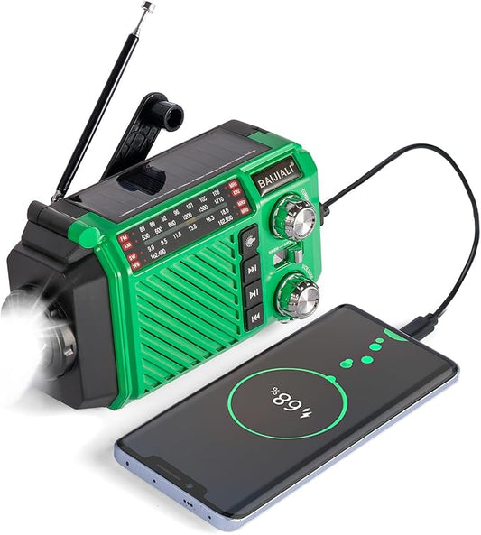 Hand Crank Emergency Weather Radio with 2600mAh/9620mWh Power Bank, NOAA AM FM Shortwave Portable Radio, Solar & USB-C Charging, Flashlight, SOS Alarm for Emergency Kits (Green)