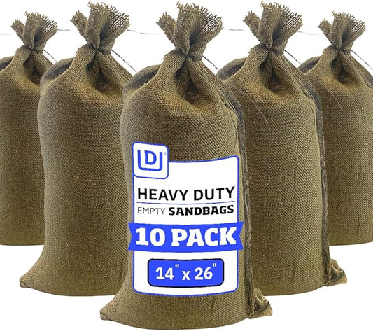 DURASACK Heavy Duty Burlap Sand Bags with Tie Strings Empty Sand-Bags for Flooding and Erosion Control, 14x26 inches, Pack of 10