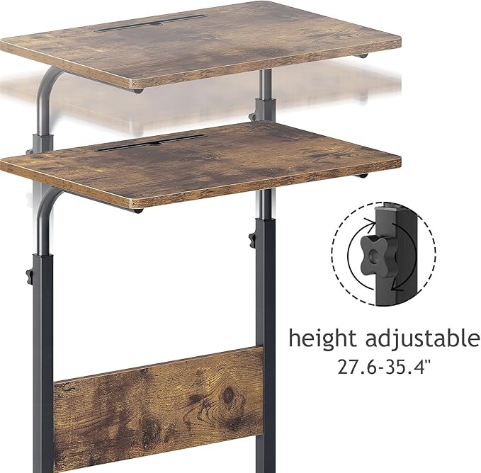 DlandHome Rolling Desk Mobile Standing Desk Mobile Side Table 23.6 Inches w/Wheels Adjustable Movable Portable Laptop Computer Stand for Bed Sofa,Retro,05-1-60FG