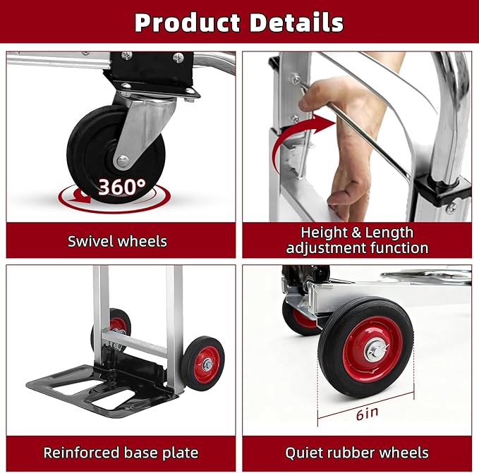Aluminum 3 in 1 Folding Hand Truck, 400Lbs Capacity, Heavy Duty Collapsible Cart with Retractable Handle and 4 Rubber Wheels, 2 Safety Straps, Moving Dolly for Moving Home, Office, Shopping, Warehouse