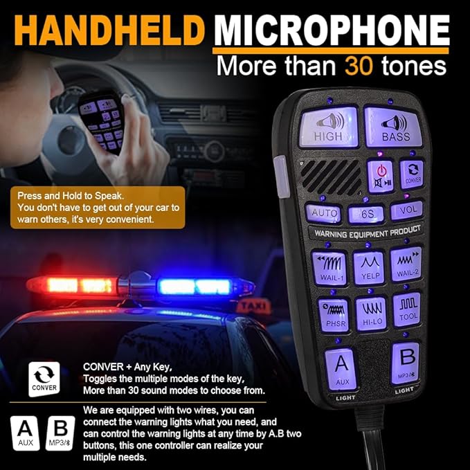 Upgrade 250W Emergency Police Siren Speaker Multi-Tones Slim PA System Sirens with Handheld Controller & Mic Microphone Warning Electronic Alarm Sounds Horn Kit for Tow Truck Vehicles Car Pickup