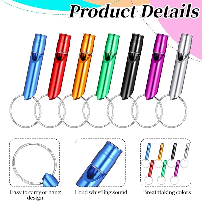 120 Pcs Bulk Emergency Whistles Aluminum Survival Whistle with Keychain 7 Colors Extra Loud Safety Whistle for Camping Hiking Hunting Fishing Boating Outdoor Sports
