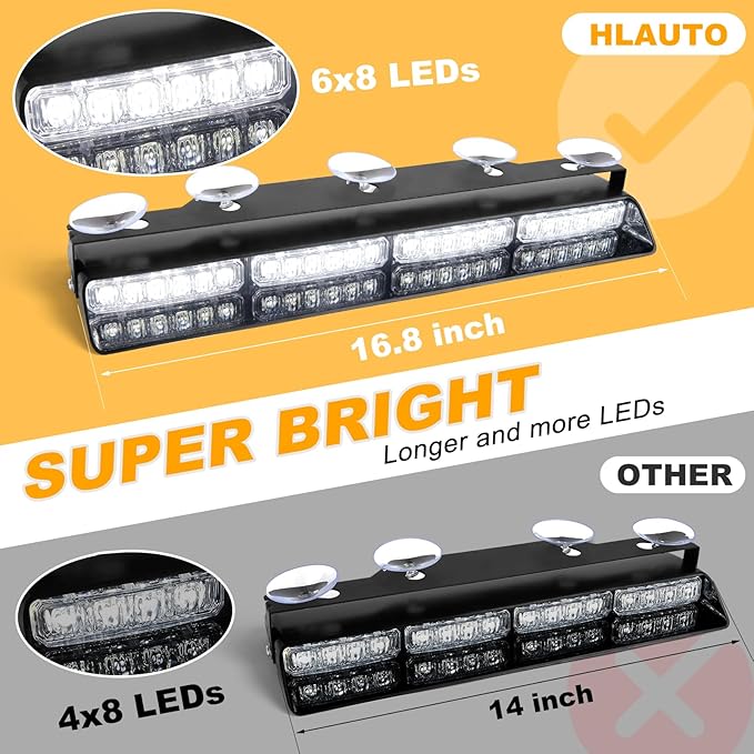 HLauto 604N Emergency Dash Strobe Lights: 2x16.8 inch White Security Light w/Take Down, 48 LED Safety Flashing Warning Hazard Interior Windshield Visor Light Bar for Trucks Vehicles