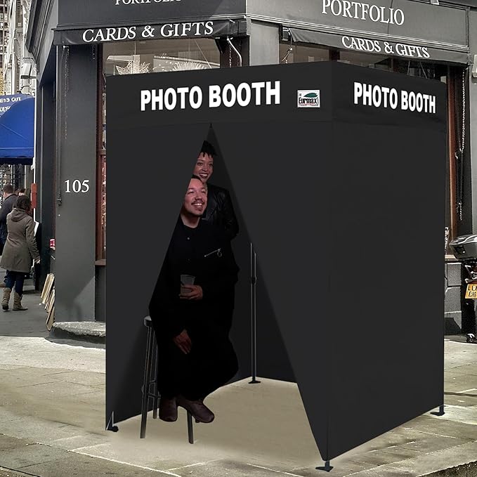 Eurmax USA 5'x5' Flat Top Pop-up Canopy Portable Photo Booth Tent for Events Wedding Photobooth for Professional Photos Photo Booth System with Roller Bag，Bonus 4 SandBags (Flat Printed Black)