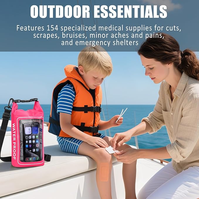 154 Pieces Waterproof Boat First Aid Kit Dry Bag with Cell Phone Bug Out Bags Pouch Roll Top Boat Emergency Kit 2-in-1 for Camping Fishing Kayaking Swimming Rafting