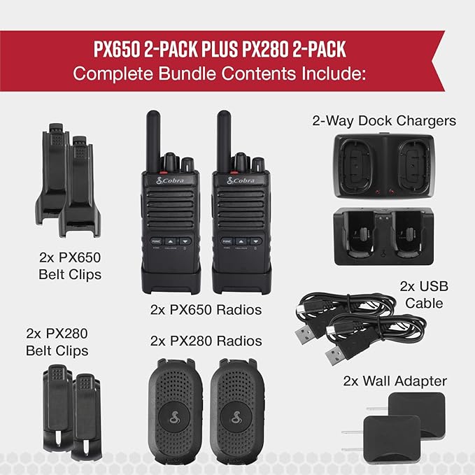 Cobra Business Radio Bundle – 4 Professional Walkie Talkies (2 PX280, 2 PX650) - Compact Long-Range Two-Way Radios, Dock Chargers, IP54 Durable, Rechargeable