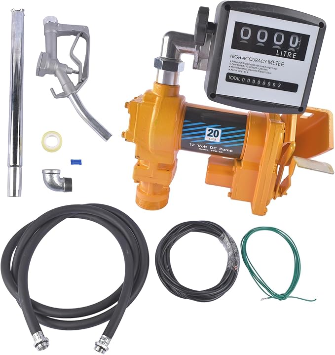 20GPM 12V DC Fuel Transfer Pump Gasoline Pump with Nozzle Kit Yellow Replacement for Gas Diesel Kerosene with Particulate Filter Vahaha