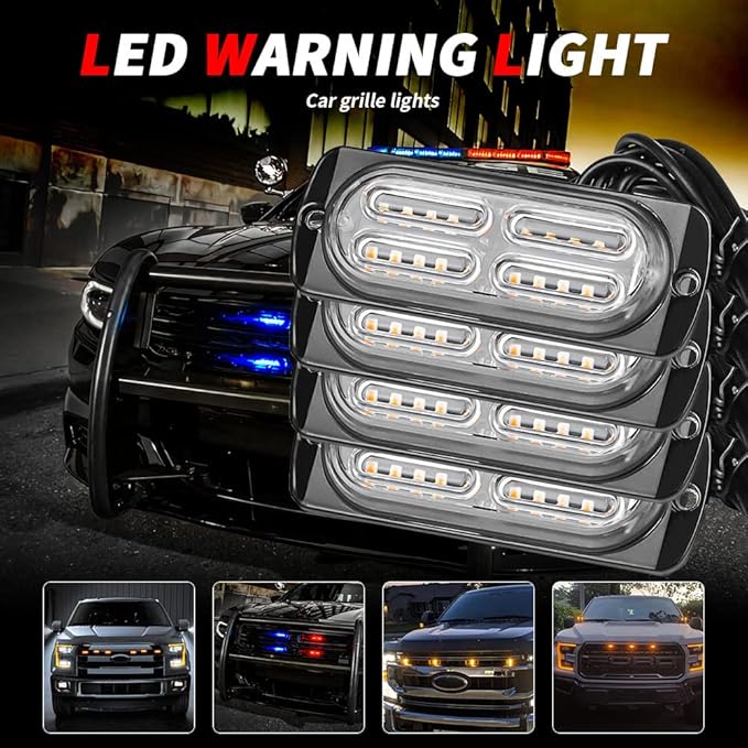 【UPGRADED】 LED Emergency Strobe Warning Lamps Kit, 4 Pods 20LEDs 18 Flash Patterns for Warning Strobe light, Emergency Light, Side Light, Prompt Light, Marker Light, Beacon Light (Amber)