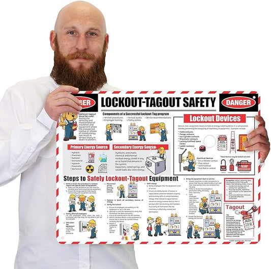 SmartSign 18 x 24 inch Lockout/Tagout Overview Safety Poster “Danger - Lockout/Tagout Safety, Components, Steps, Devices” 55 mil Tear-Resistant Plastic, Pre-Drilled Holes, Multicolor, Made in USA