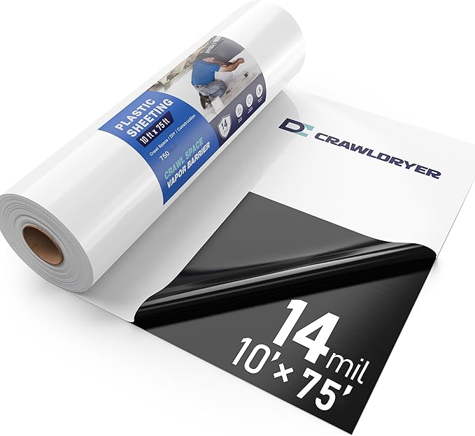 Crawl Space Vapor Barrier - 14 mil 10' x 75', Vapor Barrier for Crawlspace Encapsulation kit, Vapor Barrier Plastic Material, Crawlspace Liner, Heavy Duty Plastic sheeting, Black and White Panda Film