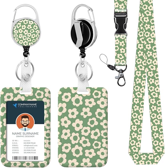 Badge Holder Cute Vintage Groovy Flowers Floral Tropical Green ID Lanyard Retractable Badge Reel Clip Lanyard Name Card Vertical ID Protector Holder Keychain Name Badge Clip for Women Men