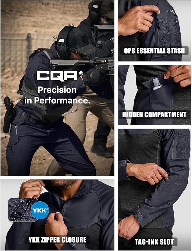 CQR Men's Combat Shirt Tactical 1/4 Zip Long Sleeve Military BDU Shirts Camo EDC Top with Pockets