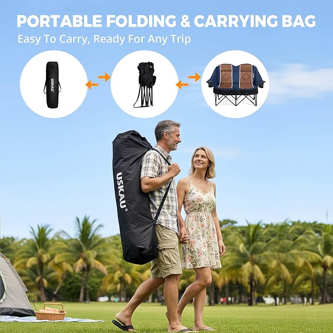Oversized Double Camping Chair - 2 Person Portable Folding Outdoor Loveseat Heavy Duty Lawn Chairs for Adults with Padded Cushion & Dual Cup Holders, Supports 660LBS for Camping，Sports，Picnic