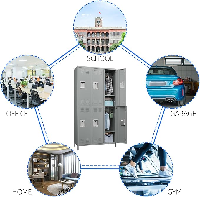 Metal Lockers with 6 Doors and 18 Hooks, 72" Tall Lockers for Employees, Home Office School Gym, Assembly Required, Light Gray