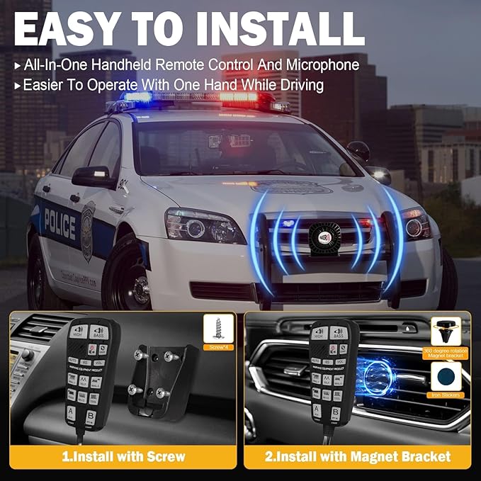 Emergency Police Siren Speaker Kit, 200W Multi-Tones Emergency Sirens PA System Extra Slim Speaker with Handheld Microphone, Car Alarm Megaphone for 12V Vehicles, Tow Truck Pickup Ambulance SUVs