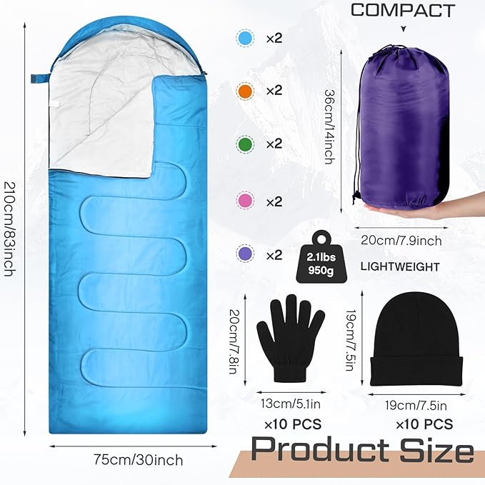 Tranqun 30 Pcs Bulk Sleeping Bags for Homeless Adults, Cold Weather Camping Sleeping Bag Liner with Winter Beanies and Gloves, Waterproof Lightweight for Backpacking Emergency Supplies