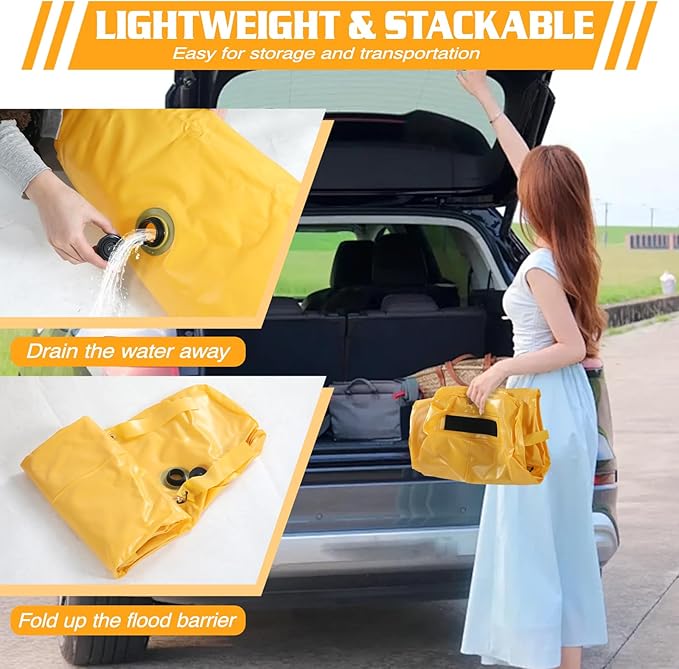 3 Pack PVC Flood Barriers Bags, 72 x 14 Inch Inflatable Flood Barriers for Home Water Barrier Bag Reusable Flood Prevention Barriers Sandbag Alternative for Home Outdoor Flood(Yellow-3 pack)