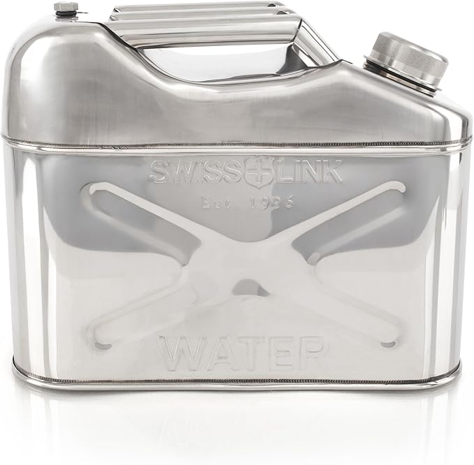 Swiss Link 10L Stainless Steel Water Can, Heavy-Duty 0.8mm Food-Grade 304 Steel – Seamless, Leak-Proof Design with Spout & Vent – BPA-Free Drinking Water Storage for Emergency, Survival, Off-Grid Use