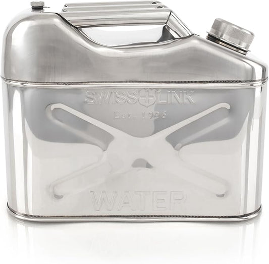 Swiss Link 10L Stainless Steel Water Can, Heavy-Duty 0.8mm Food-Grade 304 Steel – Seamless, Leak-Proof Design with Spout & Vent – BPA-Free Drinking Water Storage for Emergency, Survival, Off-Grid Use