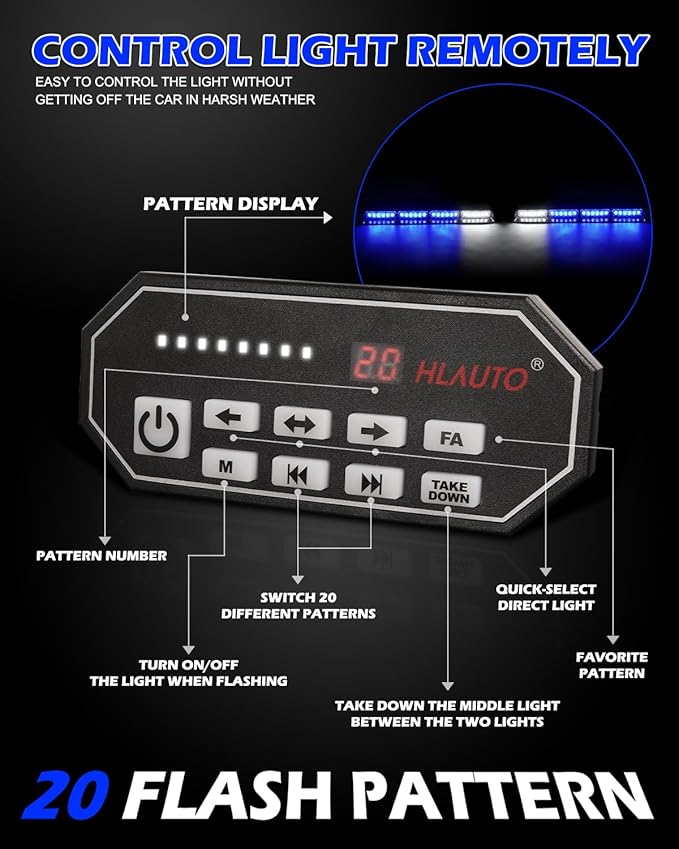 HLauto 604N Emergency Dash Strobe Lights: 2x16.8 inch Blue Security Light w/Take Down, 48 LED Safety Flashing Warning Hazard Interior Windshield Light Bar for Trucks Vehicles