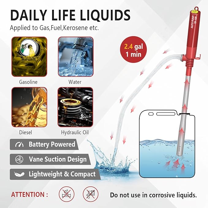 Battery Operated Gas Transfer Pump,Portable Fuel Siphon Pump,2.4 Gal Flow Per Minute,Powerful Fast Suction,for Gasoline Gas Diesel Kerosene Light Oil Water