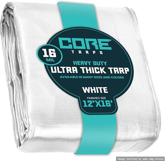 Core Tarps Extra Heavy Duty 16 Mil Tarp Cover, Waterproof, UV Resistant, Rip and Tear Proof, Poly Tarpaulin with Reinforced Edges for Roof, Camping, Patio, Pool, Boat (White 12′ X 16′)