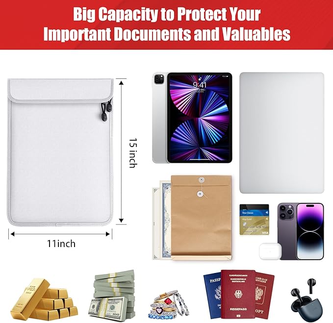 Upgraded 2 Pockets Fireproof Document Bag(2000℉) - Mondoshop 15”x 11”Heat Insulated Fireproof Money Bag with Zipper for Cash, Important Document Organizer for Documents, Valuables, Passports