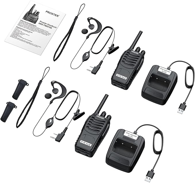 Proster Rechargeable Walkie Talkies 1 Pair - Long Range Two Way Radios 16 Channel Handheld Walky Talky, with USB Charger 2 Pack Earpiece Mic for Walkie Talkies