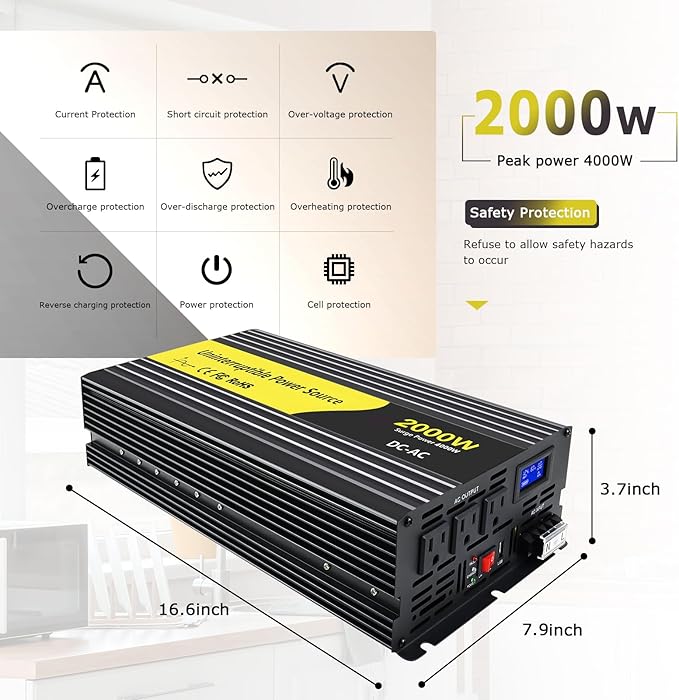 2000W Sump Pump Battery Backup Power System Basment Protection Sump Pump Inverter with LCD Display and Automatic Battery Backup Switching for Basement Emergency and Power Outage Backup (Black)