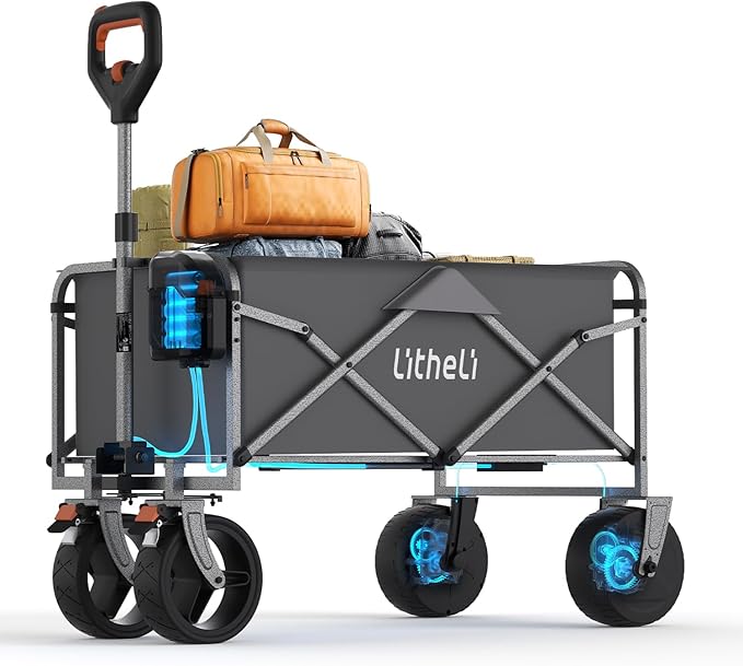 Litheli Electric Collapsible Wagon Cart with Brakes, 100L Grocery Cart with Wheels,Easy to Carry Folding Wagon for Camping, Gardening, Shopping