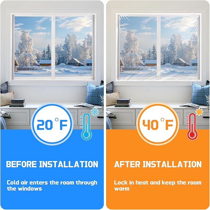 Window Insulation Kit for Winter, 47x63 Inch Cuttable Transparent Plastic Film with Adhesive Tape, Reusable Winterizing Cover for Thermal Insulation Easy to Install & Remove