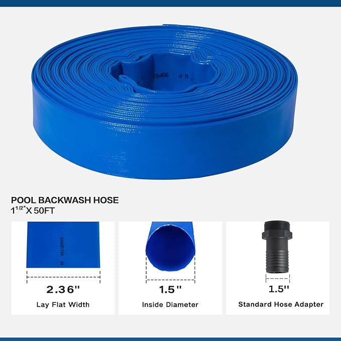 Eastrans 1 1/2 in x 50 ft Pool Backwash Hose Kit with Male NPT Adapter,Heavy Duty Discharge Pump Hose for Swimming Pool,Reinforced Pool Drain Hose with 2 Clamps and Thread Seal Tape,6 Bar