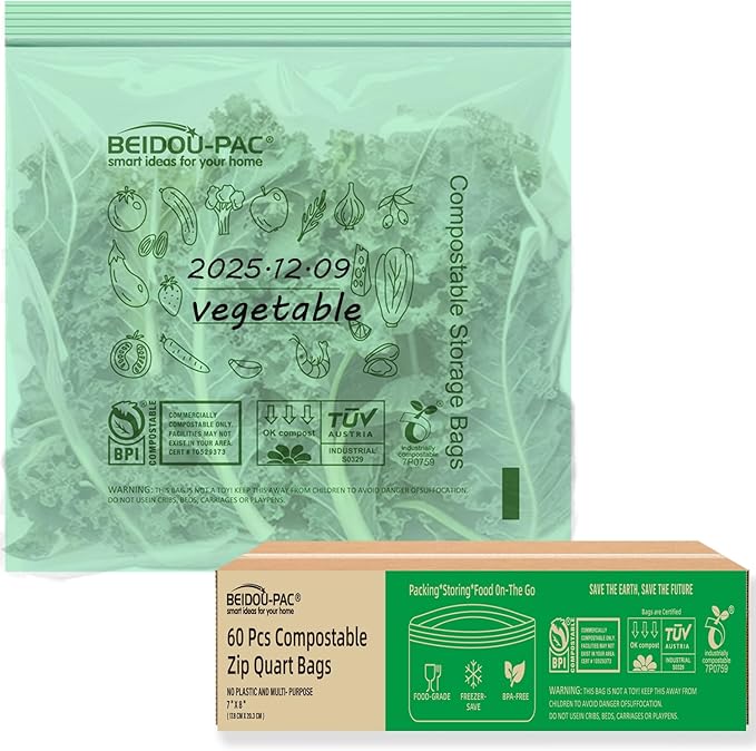 Compostable Quart Food Storage Freezer Bags, 60 Count | 2 Mil | 8 IN x 7 IN, Freshness Easy Open Biodegradable Eco-Friendly Reclosable Compost Zipper Bags