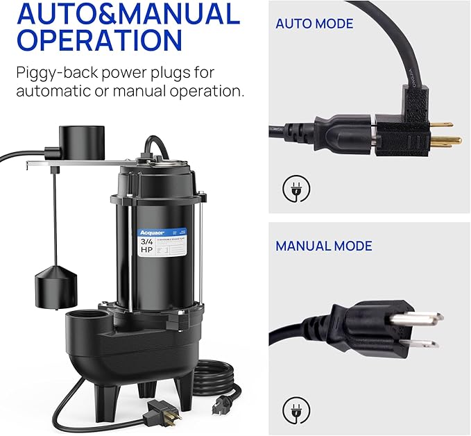 Acquaer 3/4HP Sewage Pump Submersible, 6400 GPH Cast Iron with Automatic Integrated Vertical Float Switch and Piggyback Plug, 2'' NPT Discharge Basements Pump for Wastewater, Sewer