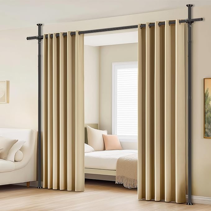 Room Divider Tension Curtain Rod, No Drilling Room Separator for Space Partition Adjustable (H) 43-120×(W) 35-100 inch, Heavy Duty Temporary Wall Divider Floor to Ceiling Tension Rod, Black, 1 Pack