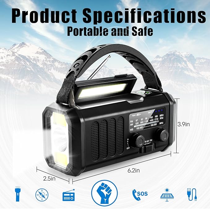 10000mAh Emergency Crank Radio,NOAA/AM/FM Weather Radio, Type-C Charge,Solar Charging,SOS, 3 Modes LED Torch, Reading Lamp, Compass for Outdoor Survival(Black)
