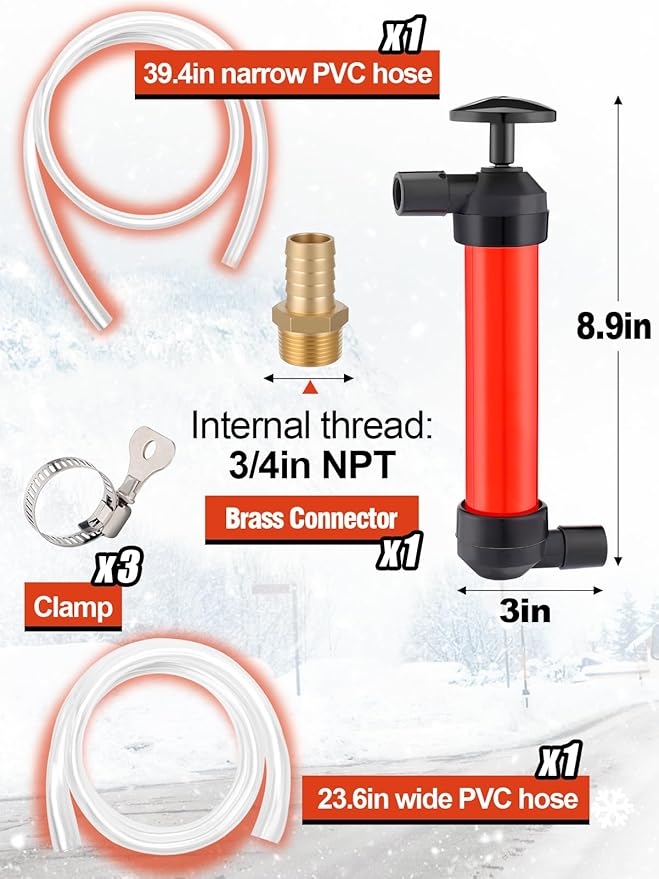 Hand Fuel Transfer Pump with Leakproof Clamps - Versatile Manual Siphon for Gasoline, Oil, Diesel, Antifreeze, Emergency Use for Car/Lawn Mower/Motorcycle/RV, Includes 3/4" NPT Brass Connector