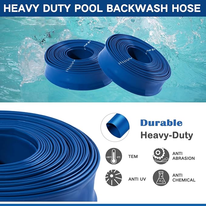 Eastrans 2''x50ft Pool Backwash Hose,Heavy Duty Discharge Lay Flat Hose for Swimming Pool, Drain Hoses with Hose Clamp