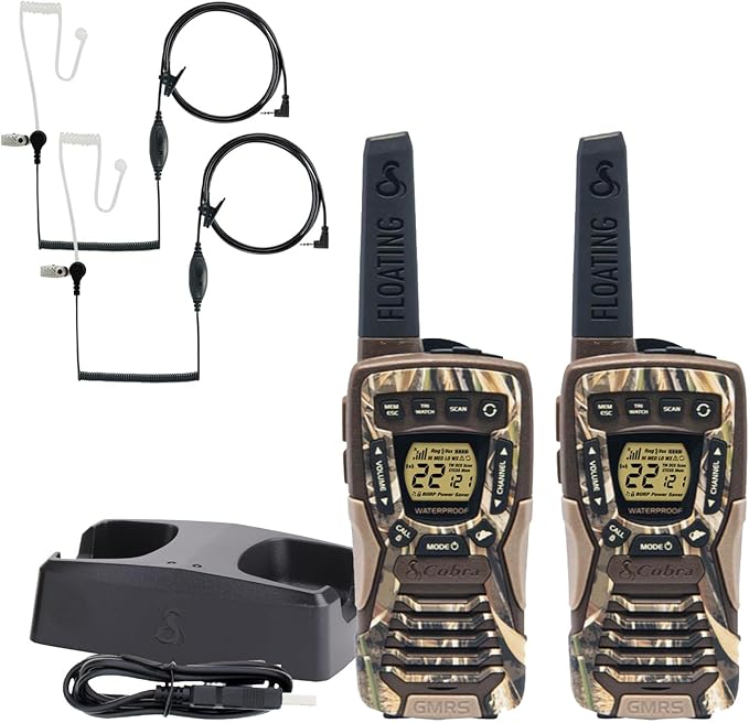 Cobra ACXT1035R FLT CAMO Floating and Waterproof Walkie Talkies for Adults with Compatible Cobra Surveillance Headset: Rechargeable, 22 Channels, Long-Range, 2 Two-Way Radios, 2 Headsets