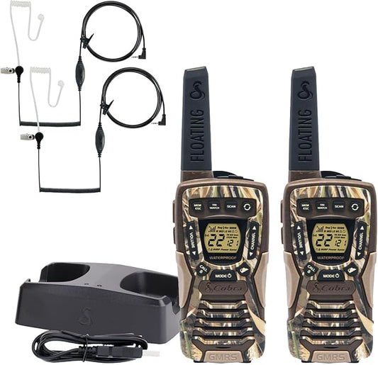 Cobra ACXT1035R FLT CAMO Floating and Waterproof Walkie Talkies for Adults with Compatible Cobra Surveillance Headset: Rechargeable, 22 Channels, Long-Range, 2 Two-Way Radios, 2 Headsets