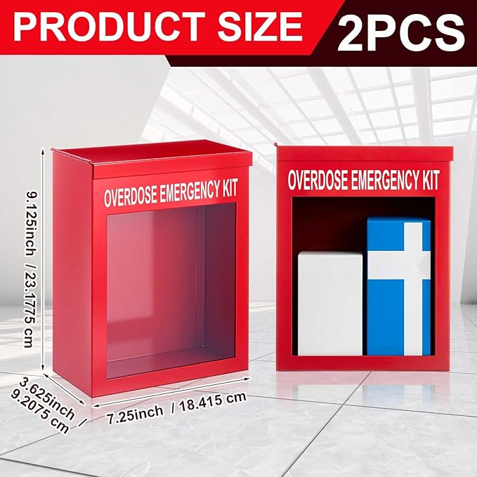Zonon 2 Pcs Naloxone Overdose Kit Non Locking Cabinet Wall Mountable Break in Case of Emergency Box Opioid Overdose with Acrylic Window 7 1/4 x 9 1/8 x 3 5/8 Inches Medication Not Included (Red)
