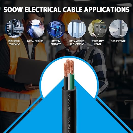 50ft 10/3 10 AWG Portable Power Cable (3 Conductor) - SOOW 600V 10 Gauge Electric Wire for Motor Leads, Portable Lights, Battery Chargers and Machinery - 3 Conductor - 50 Feet Electrical Cord