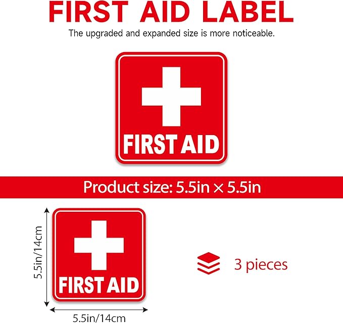 3PCS First Aid Sign Sticker for Home，Self-Adhesive Waterproof First Aid Decals for First Aid Boxes, Emergency First Aid Kit Supplies for Car, Office or Business 5.5Inch