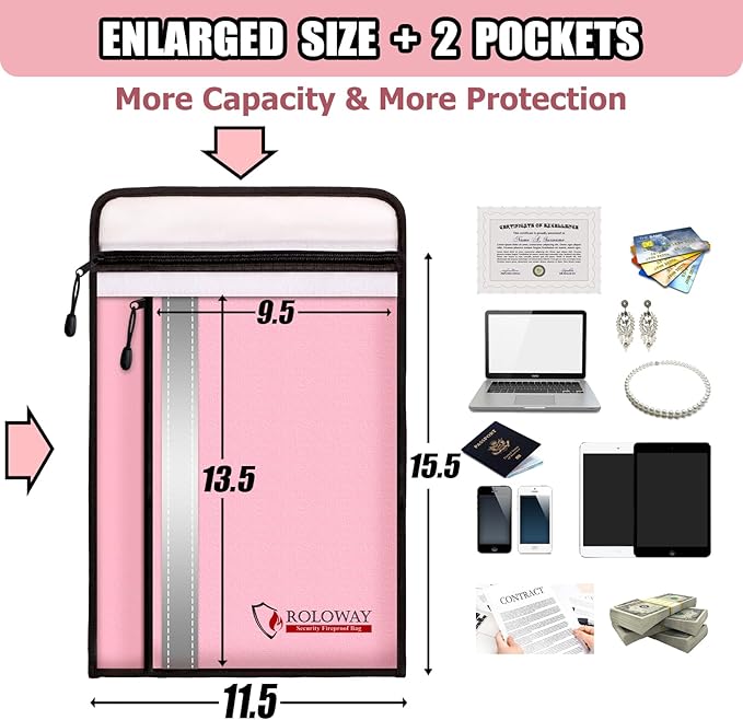 ROLOWAY Fireproof Document Bag (15.5 x 11.5 inch) with 2 Pockets and 5200℉ Aluminum Foil Layer, Fireproof Bag for Document Safe Fireproof Document Bag, Fireproof Money Bag (Pink)